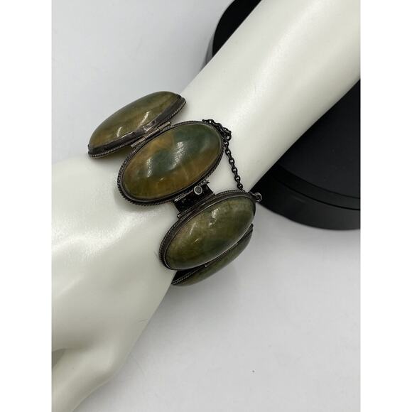 Navajo Mexico Sterling Silver Green Cabochon Domed Safety Chain Bracelet 125 gm - Picture 3 of 8